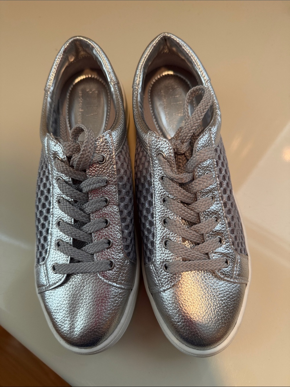 Steven by Steve Madden Natural Comfort Napaw Silver Mesh and Leather sneakers